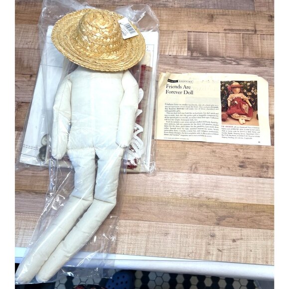 Friends Are Forever Doll Kit With Muslin Body Straw Hat Red Plaid Fabric Lace De - Picture 2 of 6